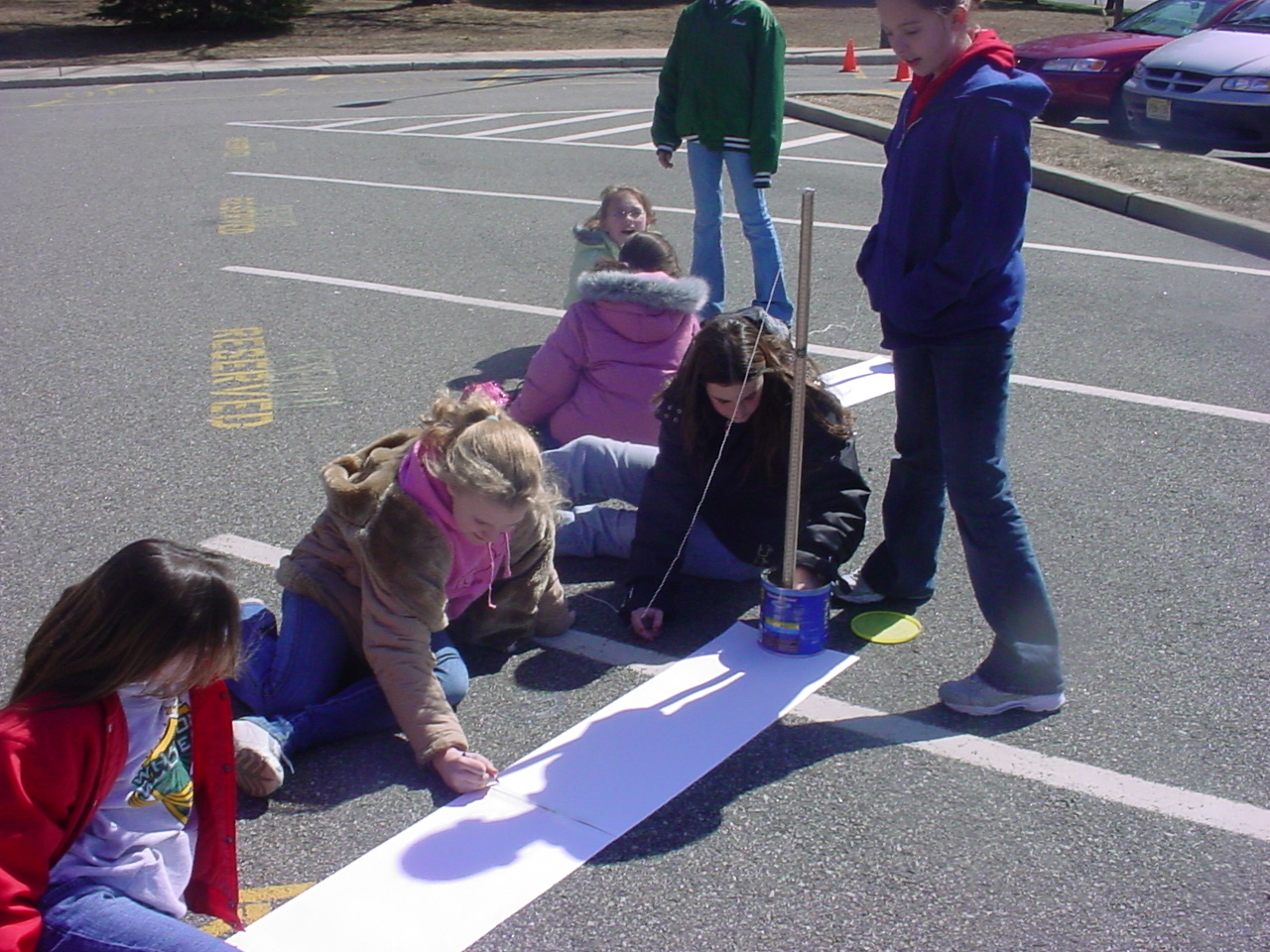 Girls making shadow measurements.